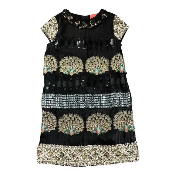 Manoush Black Beaded Sequin Peacock Shift Dress Size 4